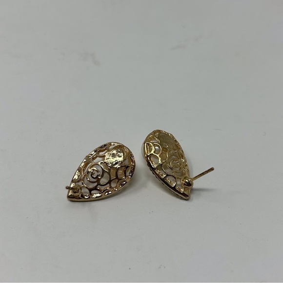 Gold Tone Swirl Faux Pearl Drop Stud Earrings with Rhinestones - Picture 7 of 8